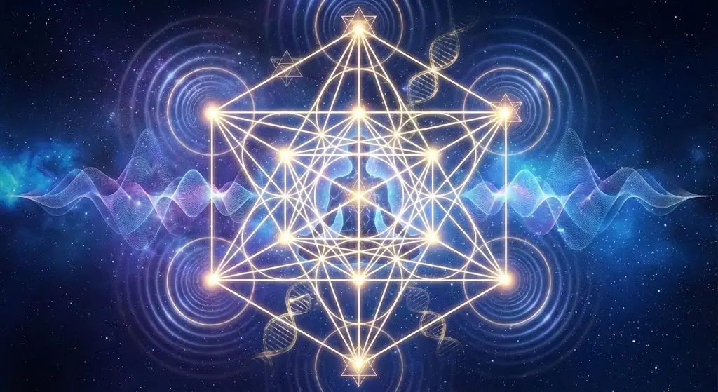 Luminous reticular matrix visualization showing quantum zero-point field structure with geometric grid patterns, merkaba symbols, and consciousness wave functions in sacred geometry style - December 2025 consciousness research